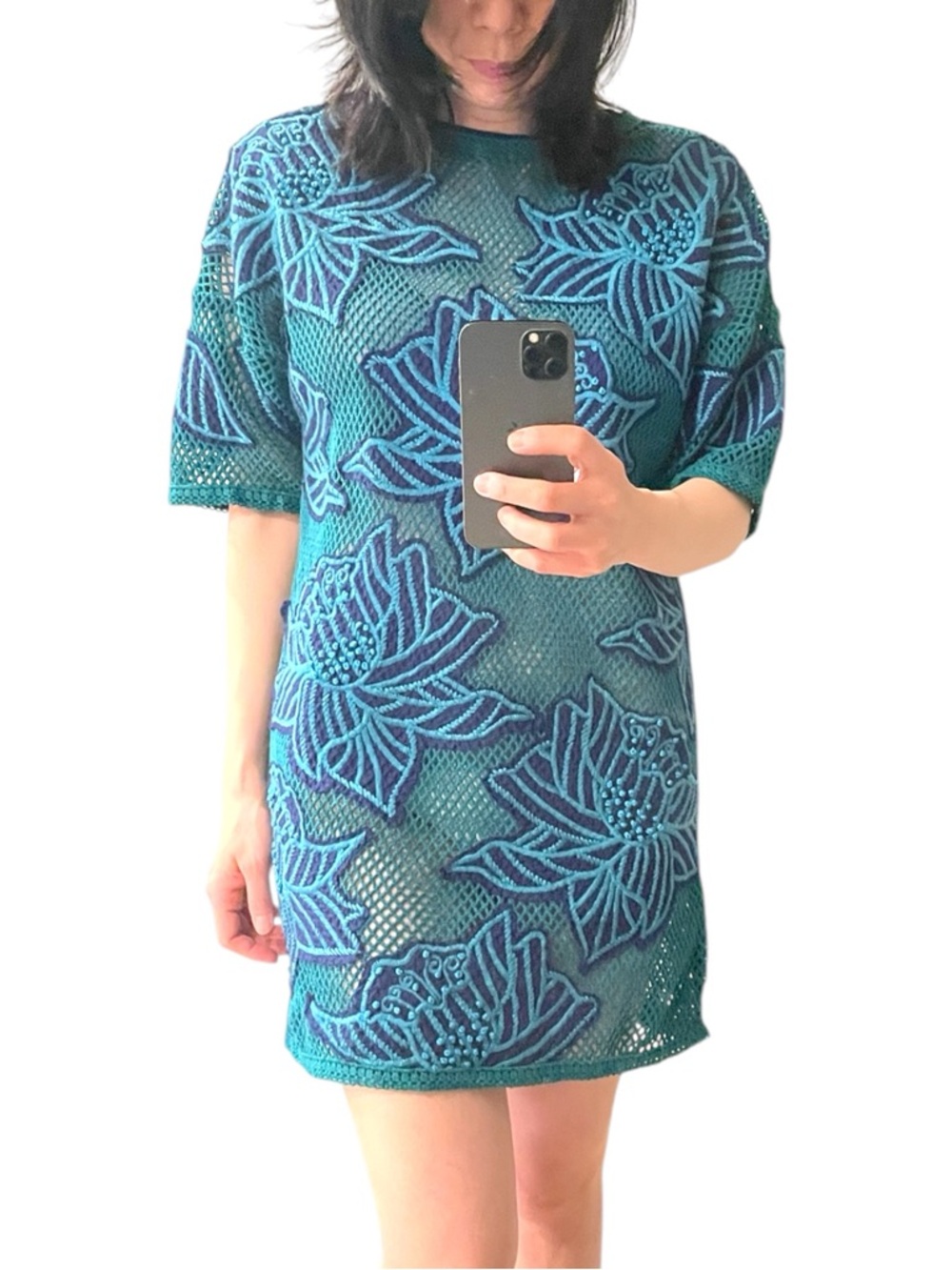 H&M Teal & Navy Couture Floral Knitted Crochet Cover Up